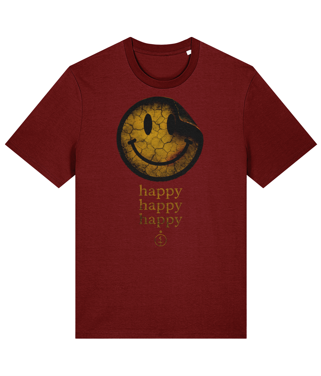 Happy Happy Happy Classic T-shirt in Burgundy, front view using the saved Inkthreadable print layout