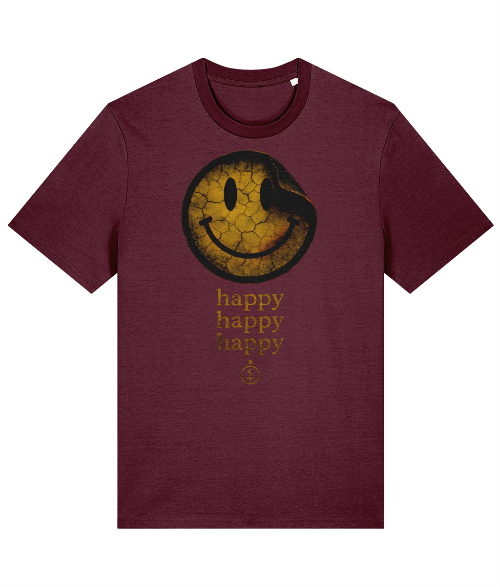 Happy Happy Happy Classic T-shirt in Deep Plum, front view using the saved Inkthreadable print layout