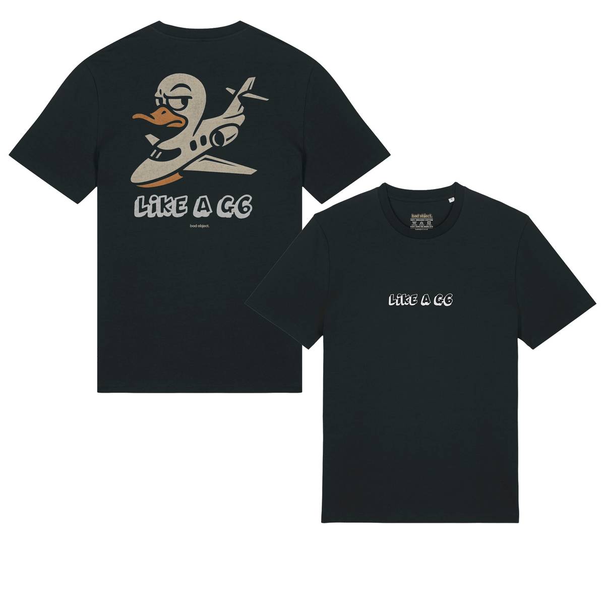 Like A G6 black Classic T-shirt, front and back views showing both prints and the bad object. back signature