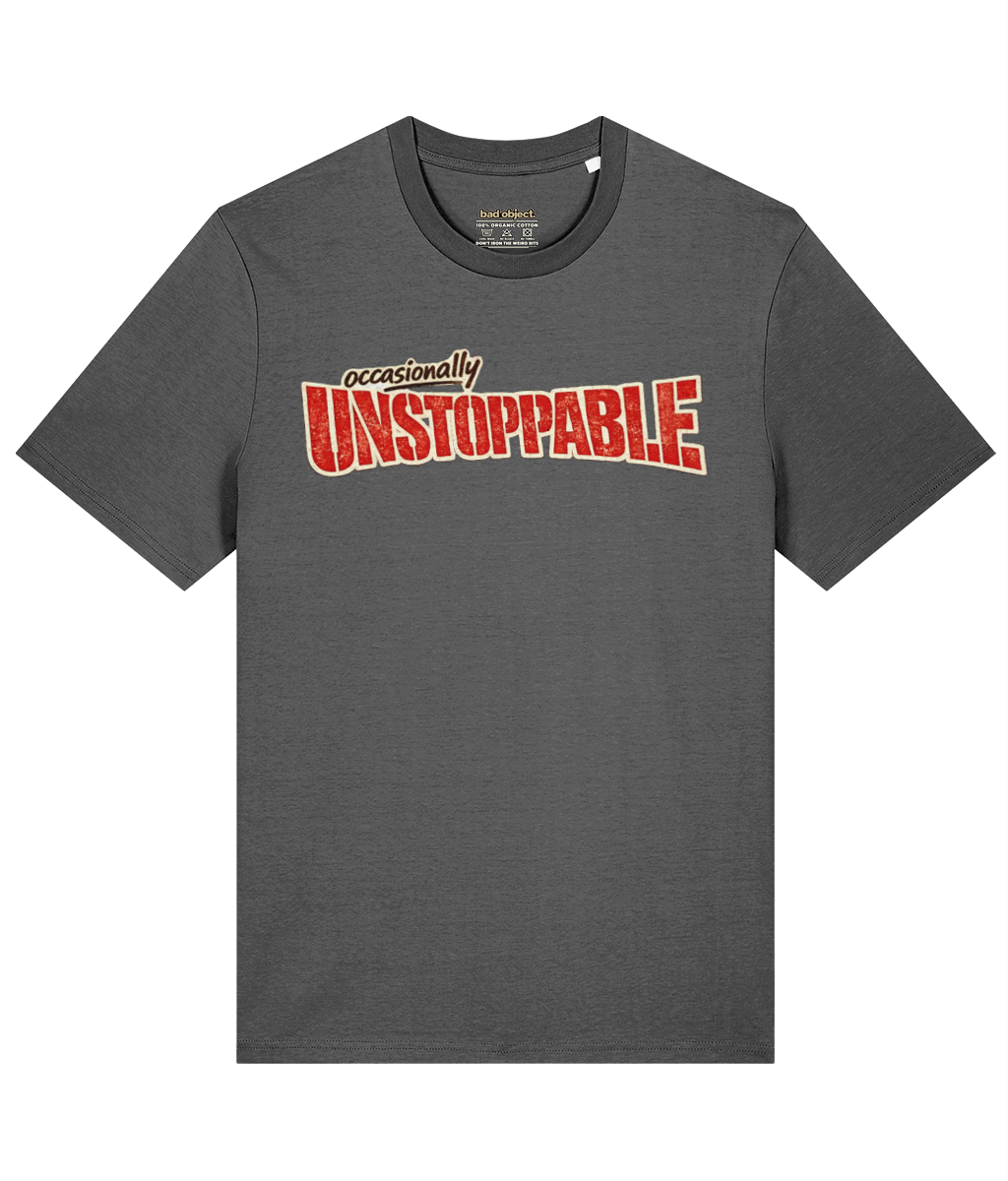 Occasionally Unstoppable T-Shirt | Classic Fit — front view with illustrative inside-neck print