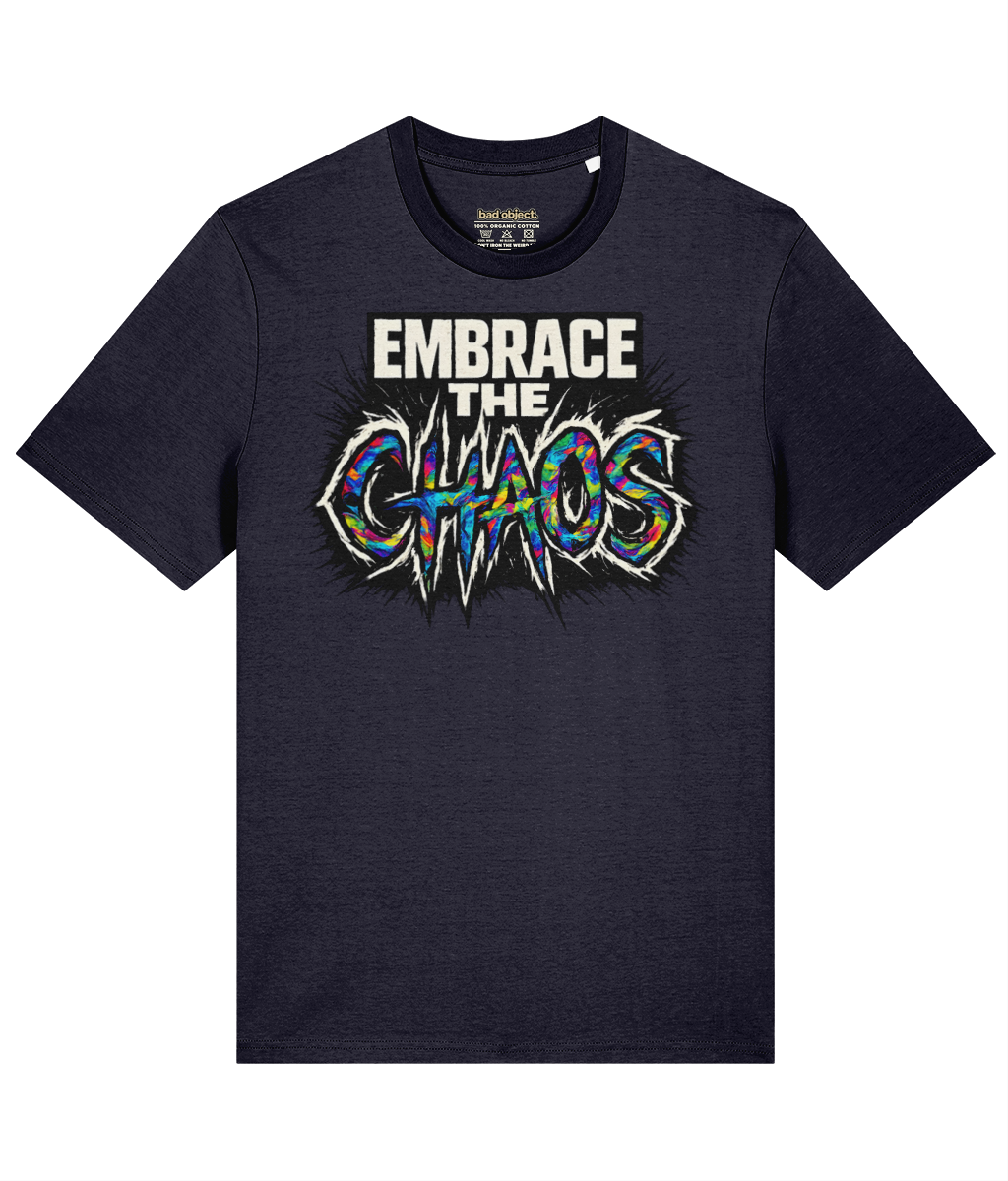 Embrace the Chaos T-Shirt | Classic Fit, front view with illustrative printed inside-neck label