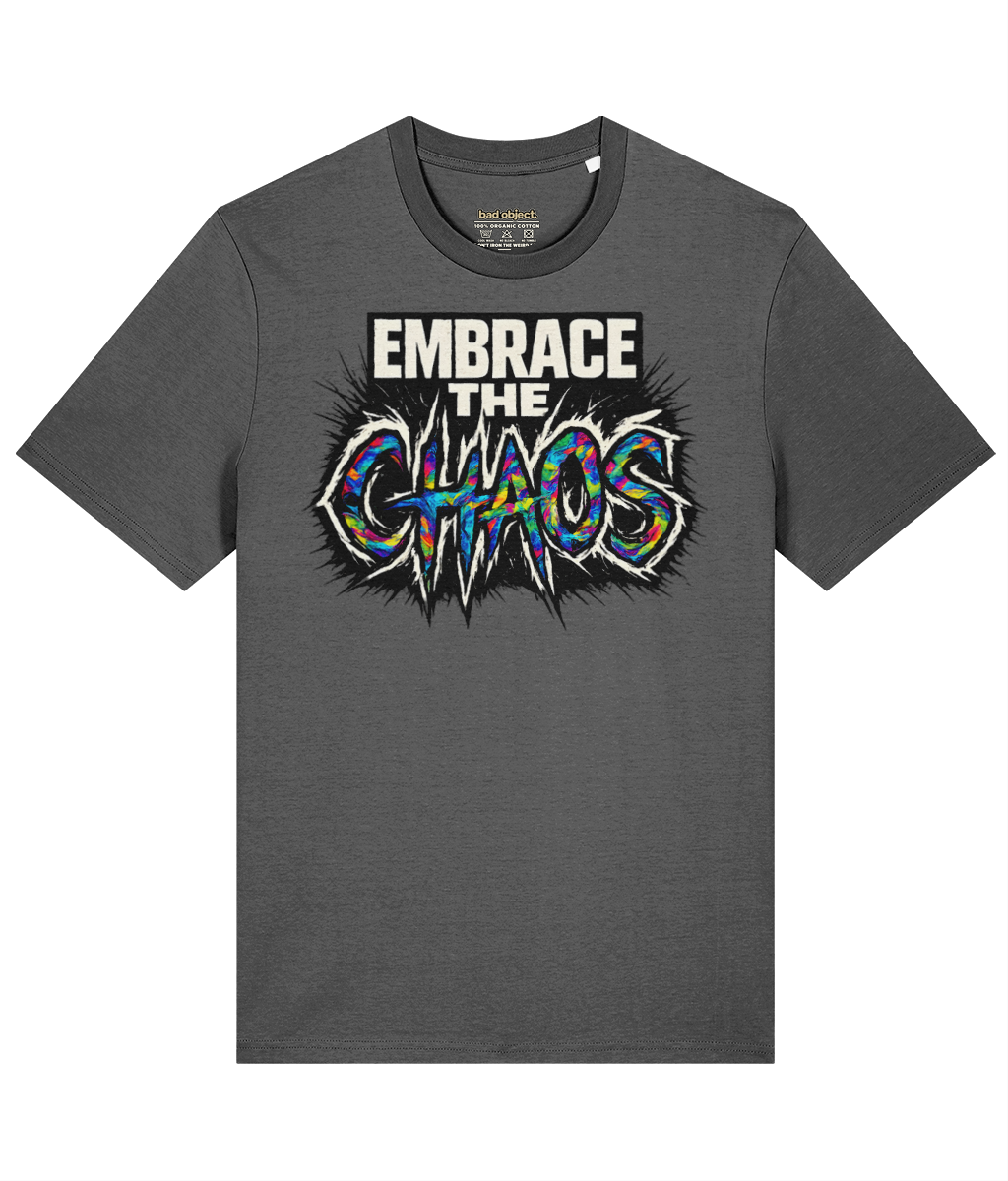 Embrace the Chaos T-Shirt | Classic Fit, front view with illustrative printed inside-neck label