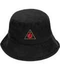Black bad object. Hazard bucket hat with sand and red front embroidery