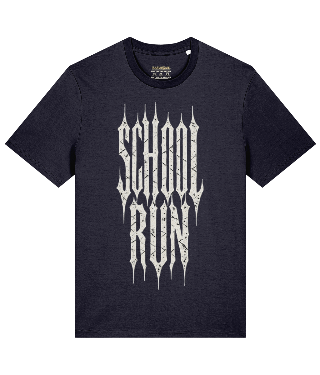 School Run T-Shirt | Classic Fit — front view with illustrative inside-neck print