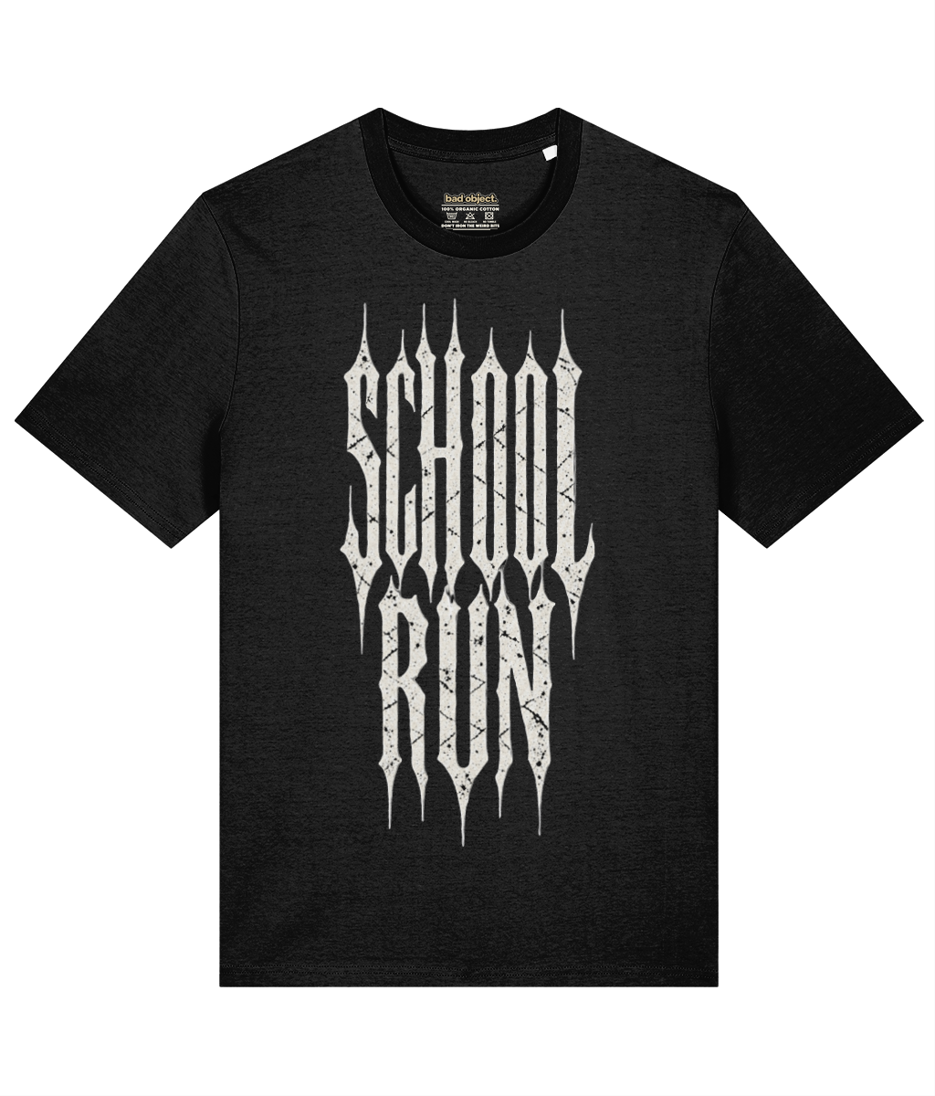 School Run black T-shirt, front print with illustrative printed inside-neck label