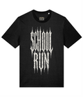 School Run black T-shirt, front print with illustrative printed inside-neck label