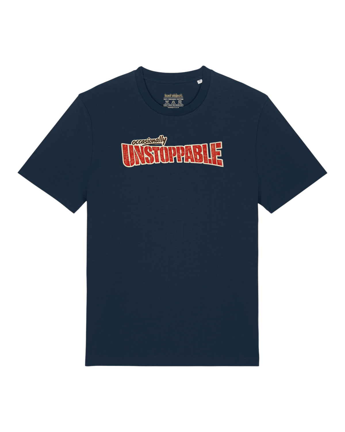 Occasionally Unstoppable T-Shirt | Classic Fit — front view with illustrative inside-neck print