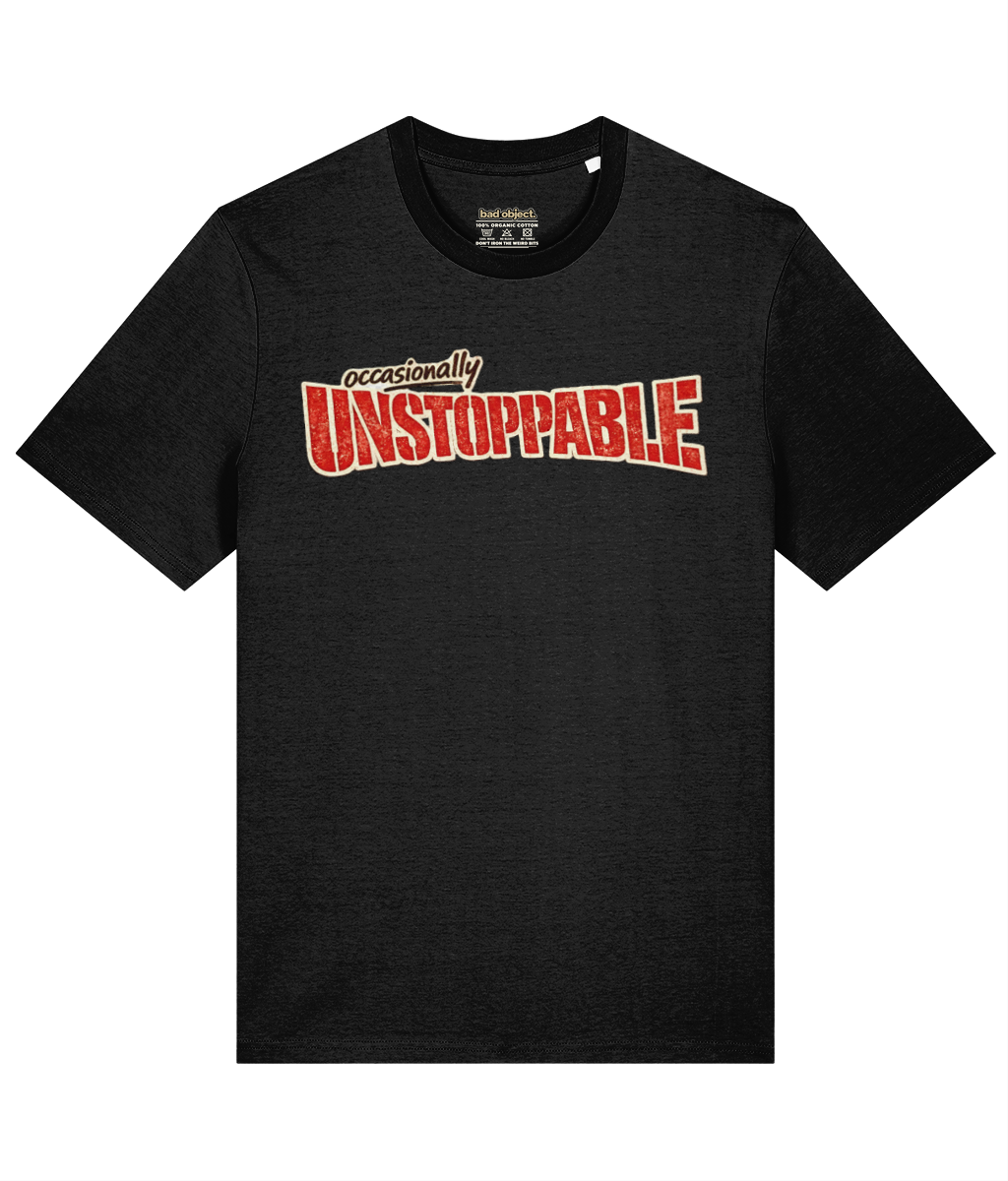 Occasionally Unstoppable T-Shirt | Classic Fit — front view with illustrative inside-neck print