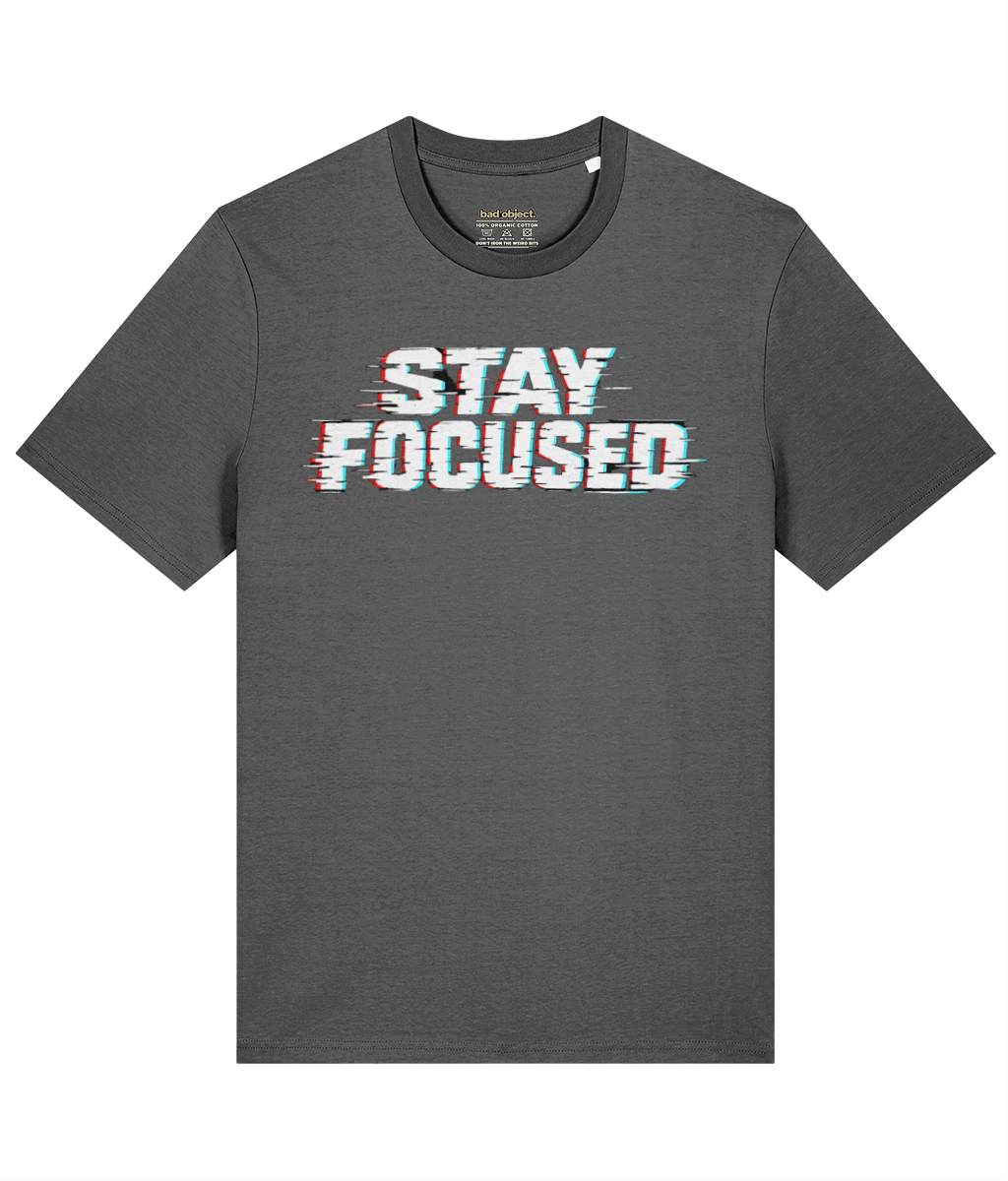 Stay Focused T-Shirt | Classic Fit — front view with illustrative inside-neck print