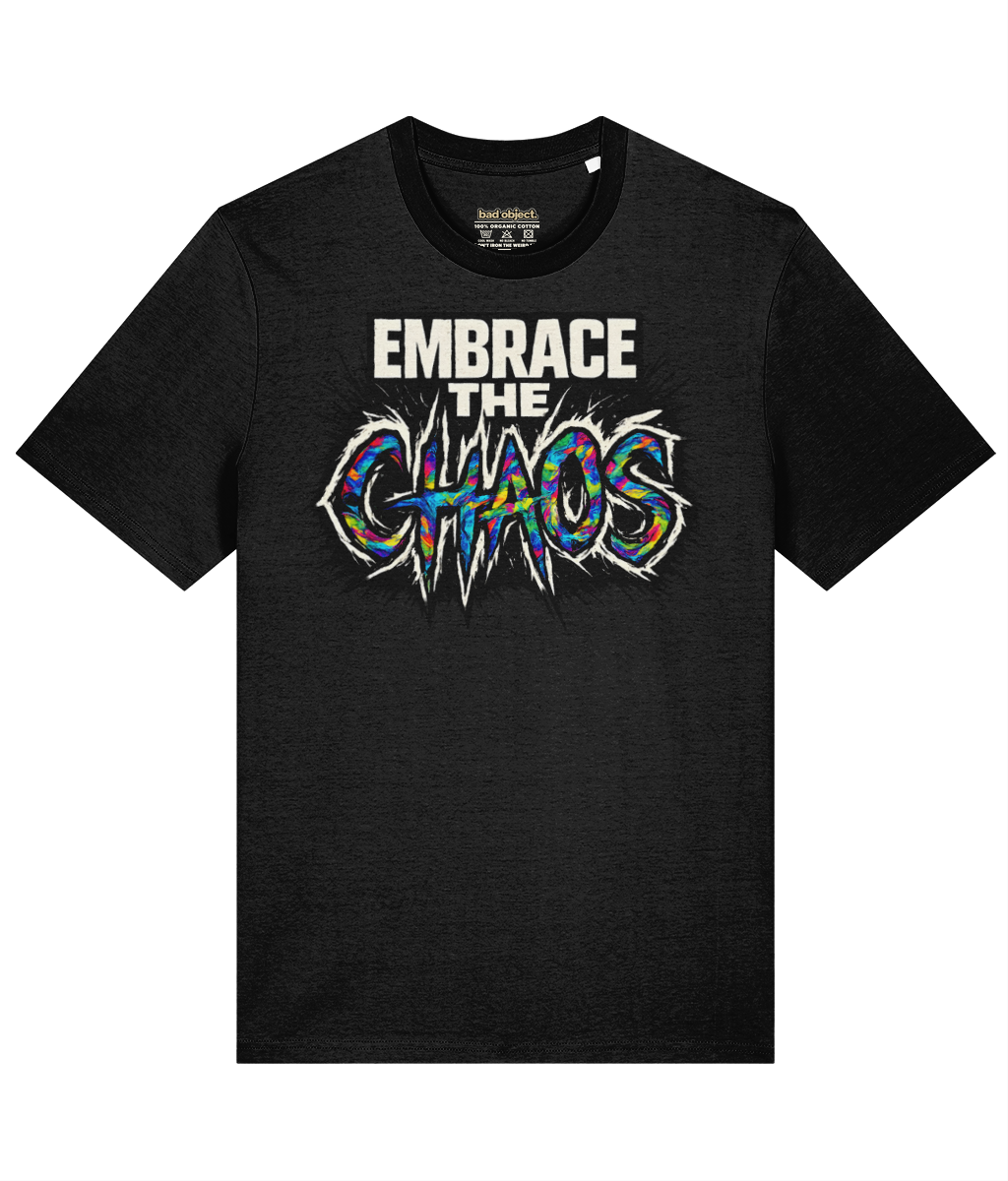 Embrace the Chaos T-Shirt | Classic Fit, front view with illustrative printed inside-neck label