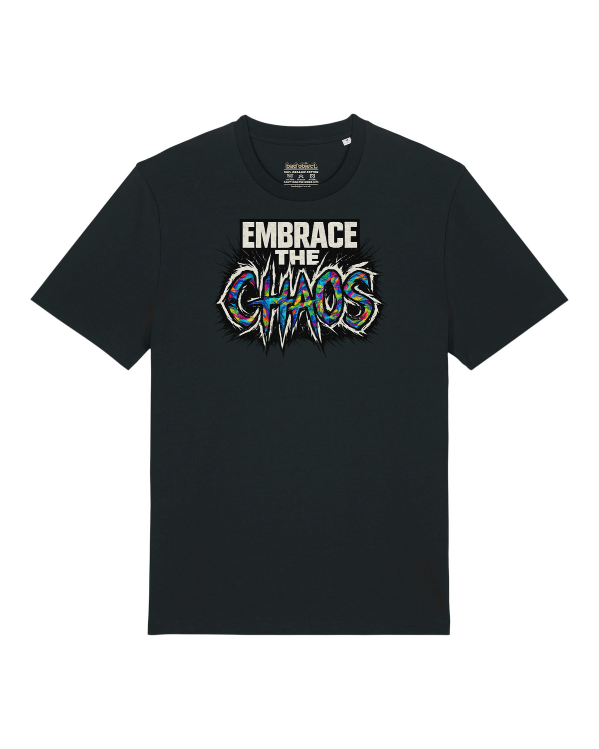 Embrace the Chaos T-Shirt | Classic Fit, front view with illustrative printed inside-neck label