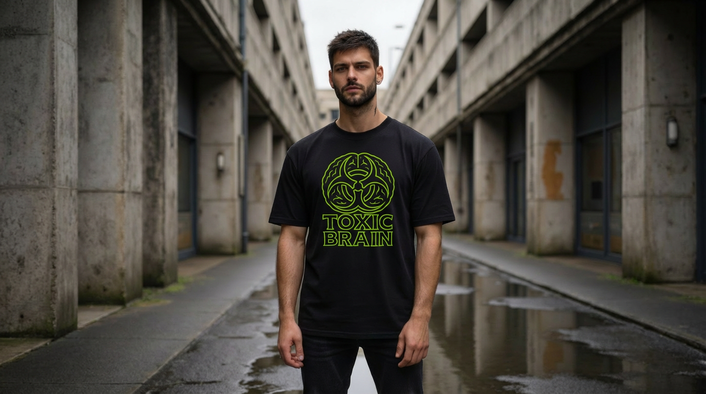 Man wearing a black t-shirt with 'Toxic Brain' design in an urban setting