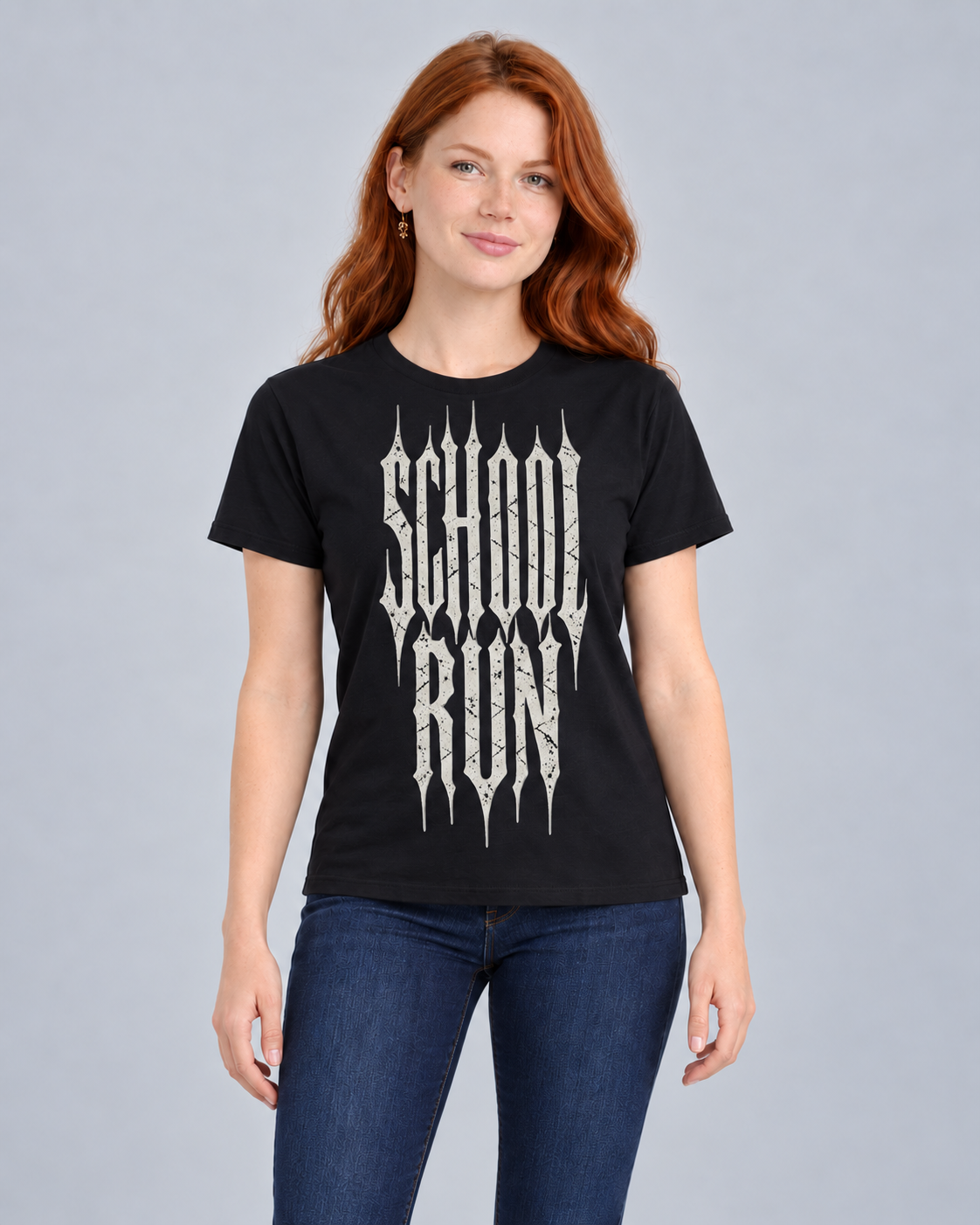 FM1 wearing the black School Run tee, illustrative front mockup