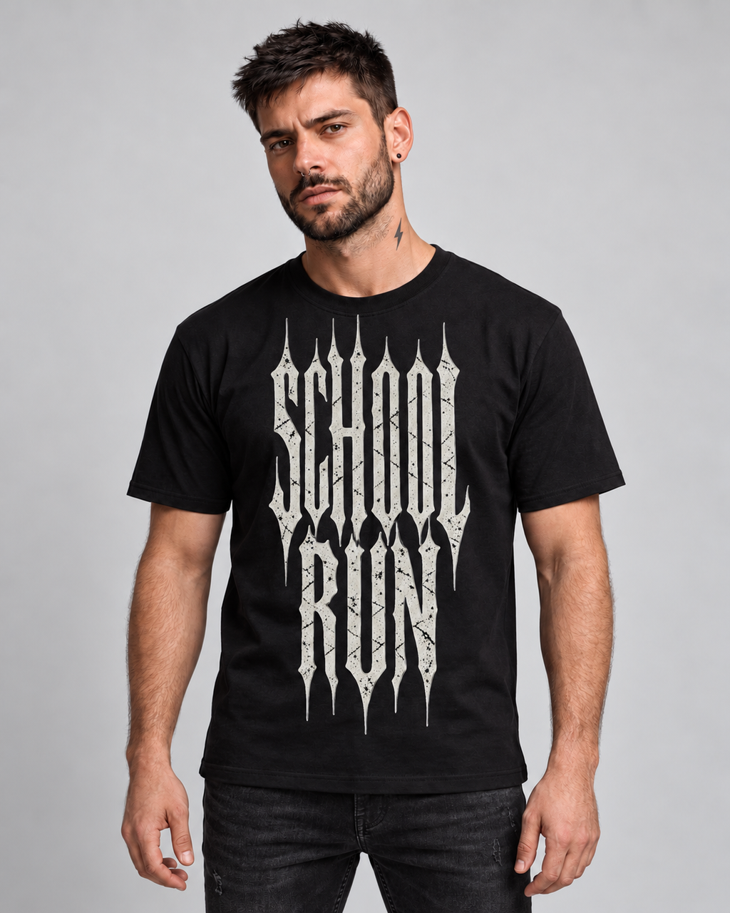 MM2 wearing the black School Run tee, illustrative front mockup
