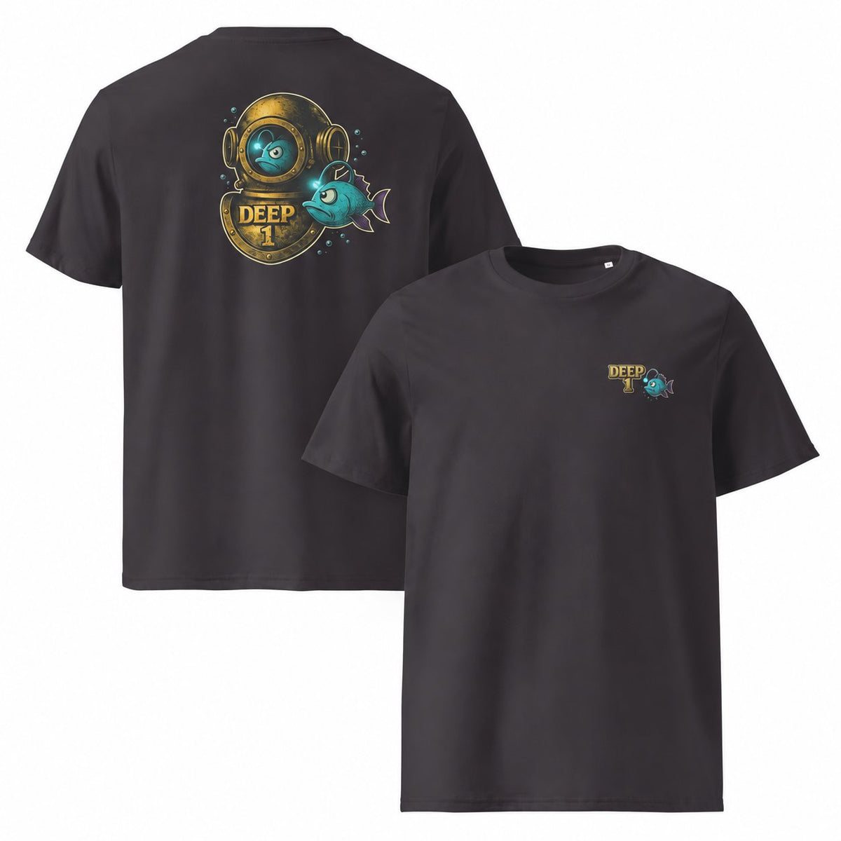 Deep 1 Anthracite classic T-shirt, front and back views showing the small left-chest print and large diving helmet and fish back print.