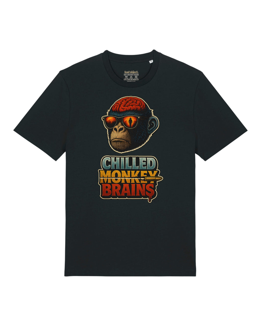 Chilled Monkey Brains design on a Black organic cotton Classic T-shirt, full front view with printed inside-neck label