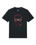 140 Headphones design on a Black organic cotton Classic T-shirt, full front view with printed inside-neck label