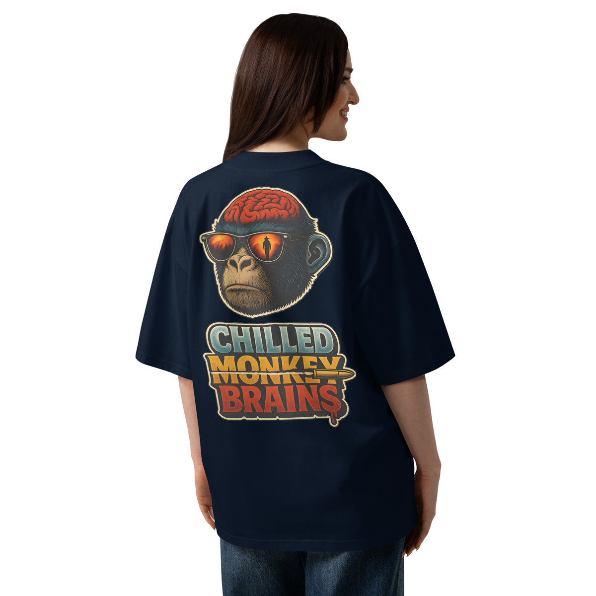 Chilled Monkey Brains oversized graphic T-shirt in French navy, back view