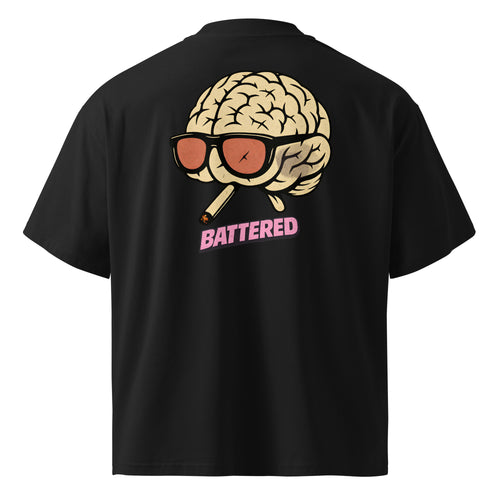 Battered Brain oversized graphic T-shirt in black, back view